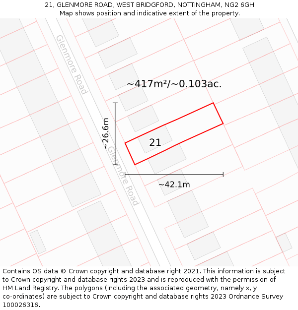 21, GLENMORE ROAD, WEST BRIDGFORD, NOTTINGHAM, NG2 6GH: Plot and title map