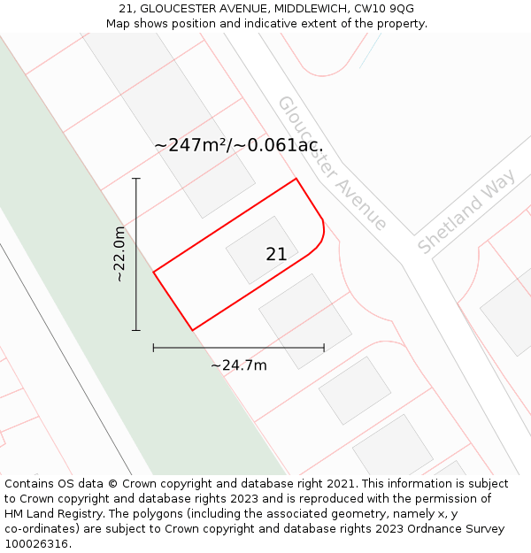 21, GLOUCESTER AVENUE, MIDDLEWICH, CW10 9QG: Plot and title map