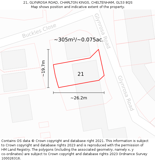 21, GLYNROSA ROAD, CHARLTON KINGS, CHELTENHAM, GL53 8QS: Plot and title map