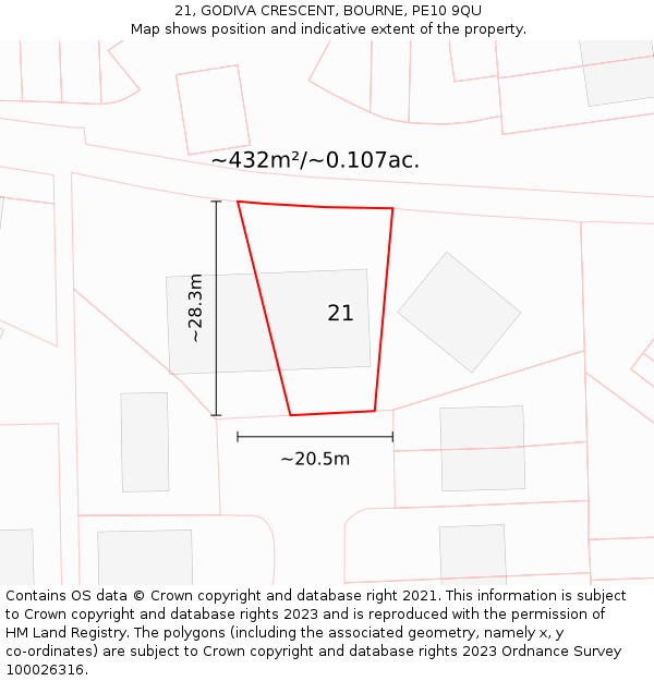 21, GODIVA CRESCENT, BOURNE, PE10 9QU: Plot and title map