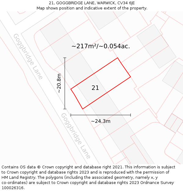 21, GOGGBRIDGE LANE, WARWICK, CV34 6JE: Plot and title map