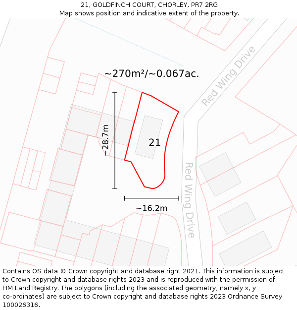 21, GOLDFINCH COURT, CHORLEY, PR7 2RG: Plot and title map