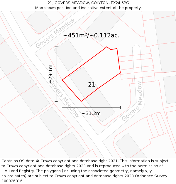 21, GOVERS MEADOW, COLYTON, EX24 6PG: Plot and title map