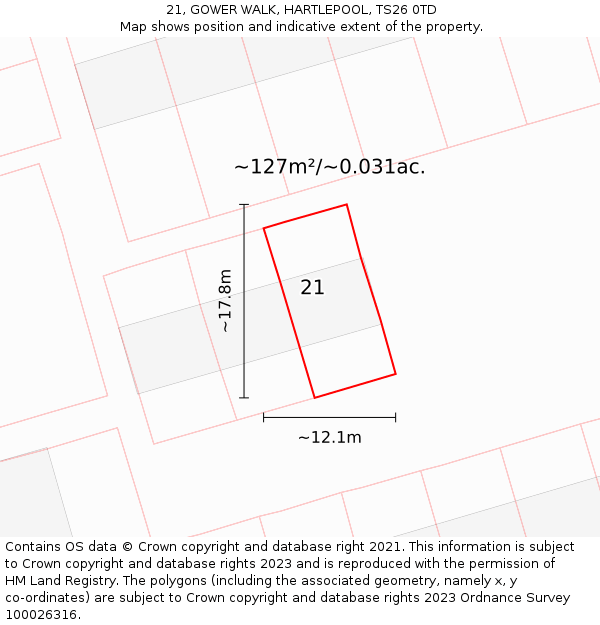 21, GOWER WALK, HARTLEPOOL, TS26 0TD: Plot and title map