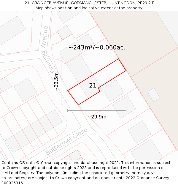 21, GRAINGER AVENUE, GODMANCHESTER, HUNTINGDON, PE29 2JT: Plot and title map