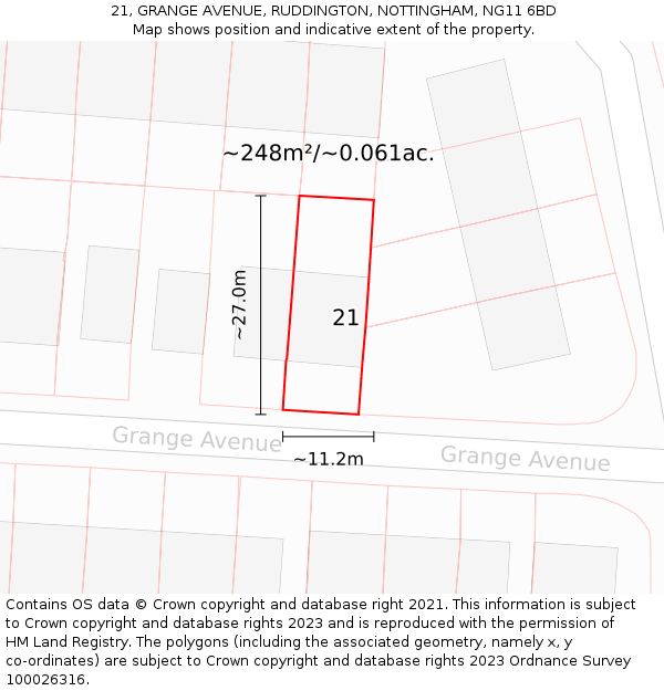 21, GRANGE AVENUE, RUDDINGTON, NOTTINGHAM, NG11 6BD: Plot and title map