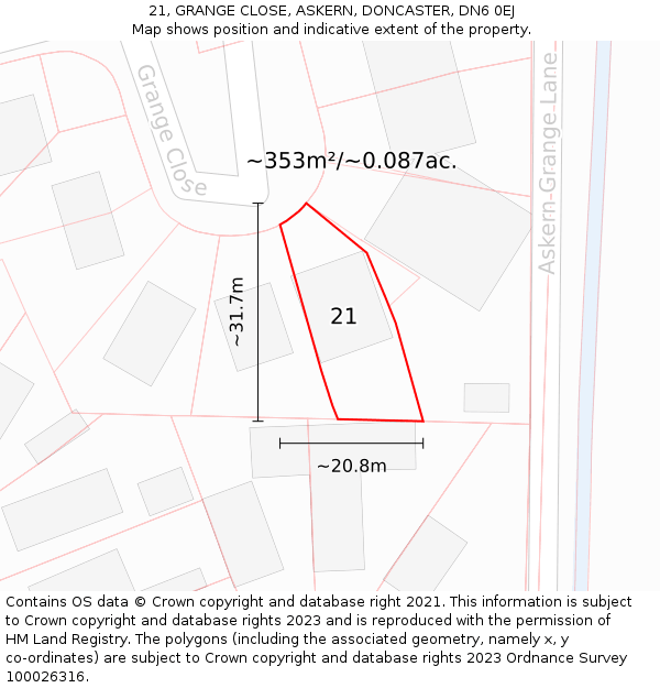 21, GRANGE CLOSE, ASKERN, DONCASTER, DN6 0EJ: Plot and title map