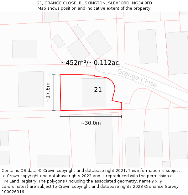 21, GRANGE CLOSE, RUSKINGTON, SLEAFORD, NG34 9FB: Plot and title map