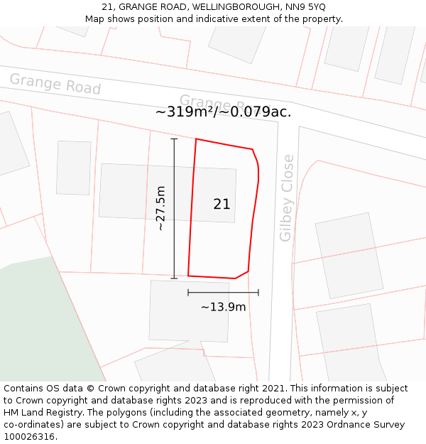 21, GRANGE ROAD, WELLINGBOROUGH, NN9 5YQ: Plot and title map