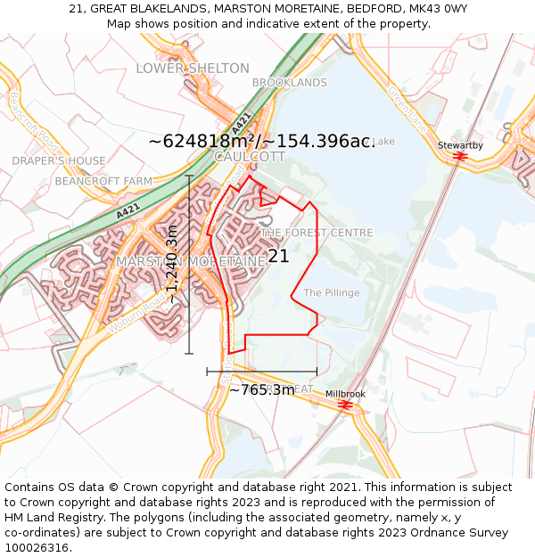 21, GREAT BLAKELANDS, MARSTON MORETAINE, BEDFORD, MK43 0WY: Plot and title map