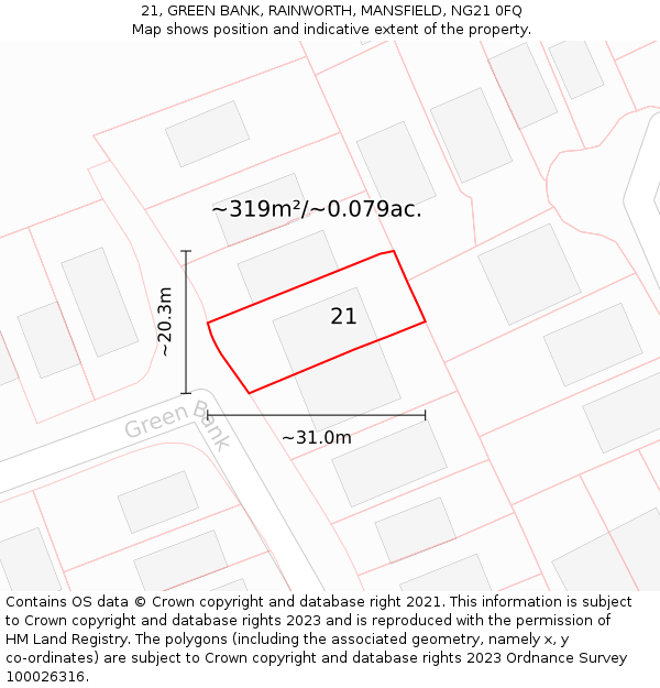 21, GREEN BANK, RAINWORTH, MANSFIELD, NG21 0FQ: Plot and title map