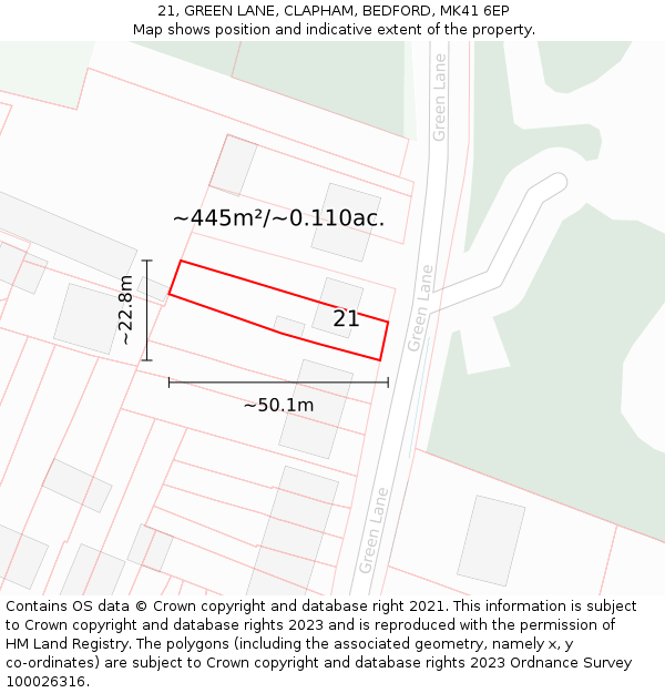 21, GREEN LANE, CLAPHAM, BEDFORD, MK41 6EP: Plot and title map