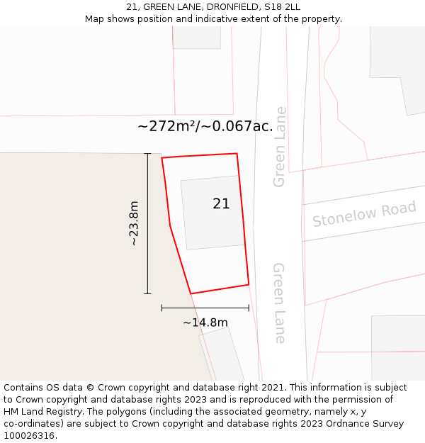 21, GREEN LANE, DRONFIELD, S18 2LL: Plot and title map