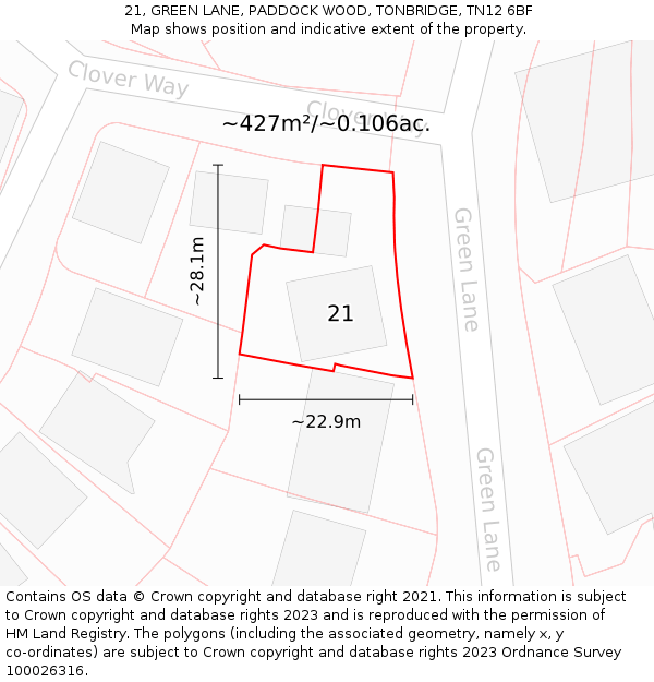 21, GREEN LANE, PADDOCK WOOD, TONBRIDGE, TN12 6BF: Plot and title map