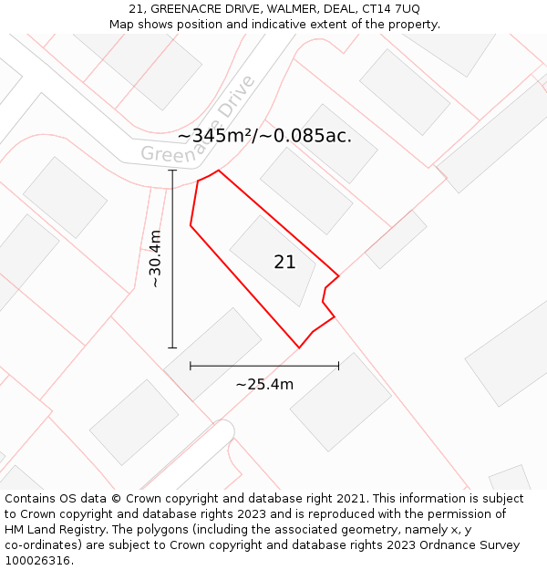 21, GREENACRE DRIVE, WALMER, DEAL, CT14 7UQ: Plot and title map