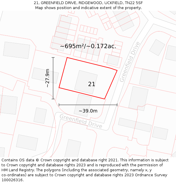 21, GREENFIELD DRIVE, RIDGEWOOD, UCKFIELD, TN22 5SF: Plot and title map