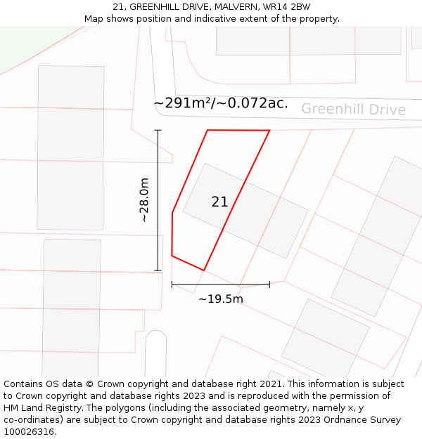 21, GREENHILL DRIVE, MALVERN, WR14 2BW: Plot and title map