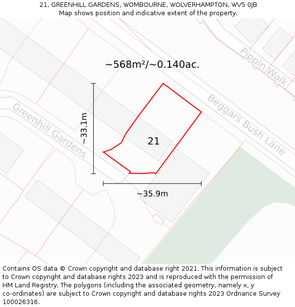 21, GREENHILL GARDENS, WOMBOURNE, WOLVERHAMPTON, WV5 0JB: Plot and title map