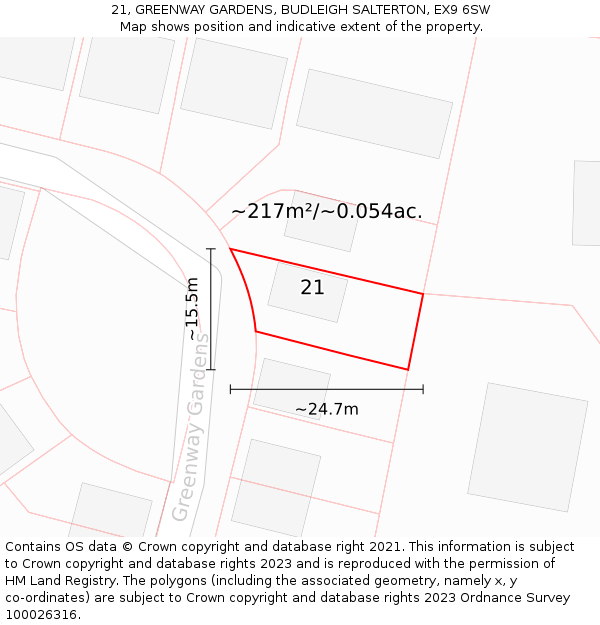 21, GREENWAY GARDENS, BUDLEIGH SALTERTON, EX9 6SW: Plot and title map