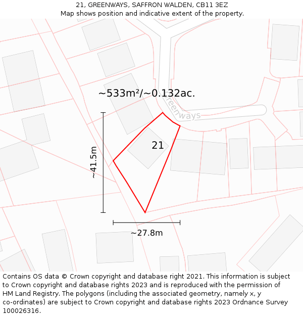 21, GREENWAYS, SAFFRON WALDEN, CB11 3EZ: Plot and title map