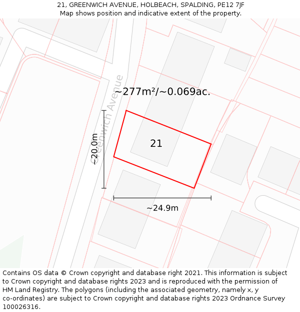 21, GREENWICH AVENUE, HOLBEACH, SPALDING, PE12 7JF: Plot and title map