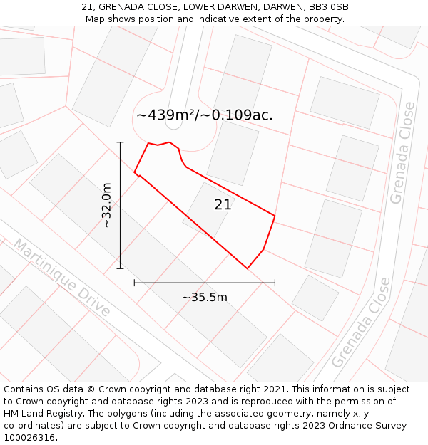 21, GRENADA CLOSE, LOWER DARWEN, DARWEN, BB3 0SB: Plot and title map