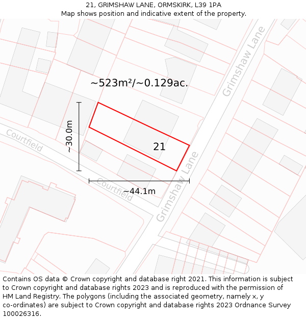 21, GRIMSHAW LANE, ORMSKIRK, L39 1PA: Plot and title map