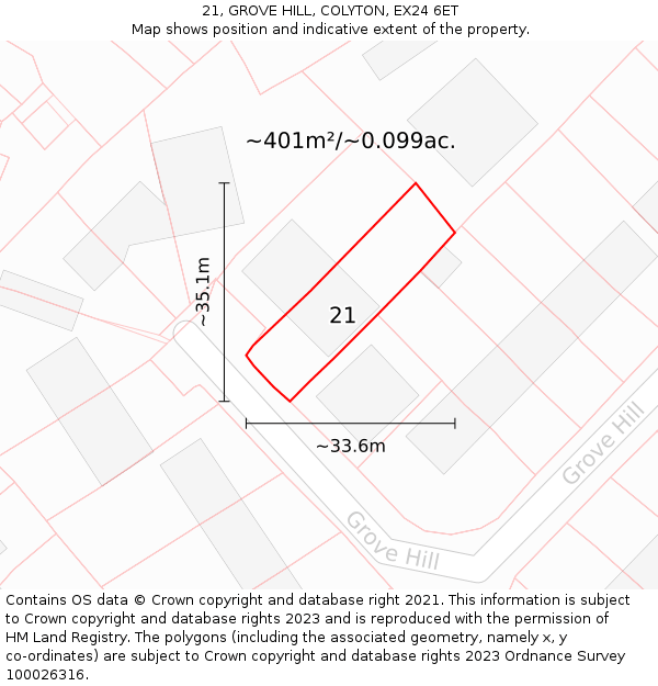 21, GROVE HILL, COLYTON, EX24 6ET: Plot and title map