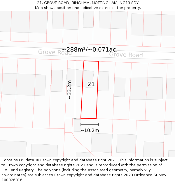 21, GROVE ROAD, BINGHAM, NOTTINGHAM, NG13 8DY: Plot and title map