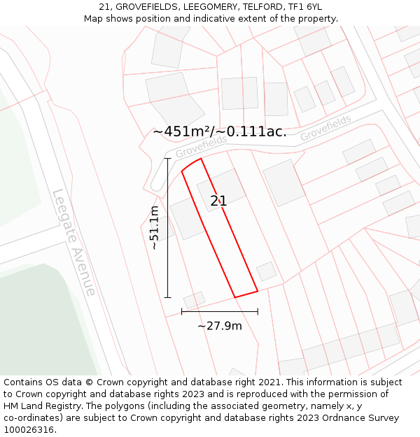 21, GROVEFIELDS, LEEGOMERY, TELFORD, TF1 6YL: Plot and title map