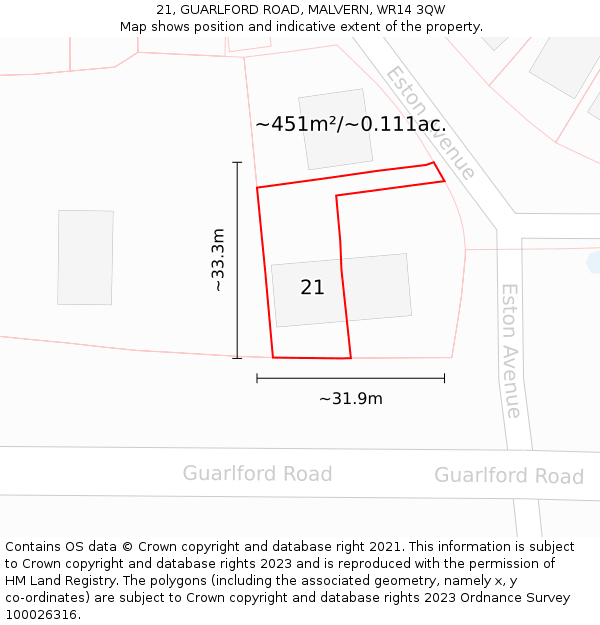 21, GUARLFORD ROAD, MALVERN, WR14 3QW: Plot and title map