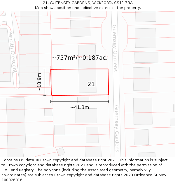 21, GUERNSEY GARDENS, WICKFORD, SS11 7BA: Plot and title map