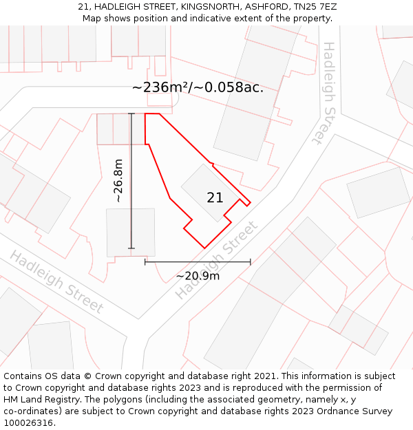 21, HADLEIGH STREET, KINGSNORTH, ASHFORD, TN25 7EZ: Plot and title map