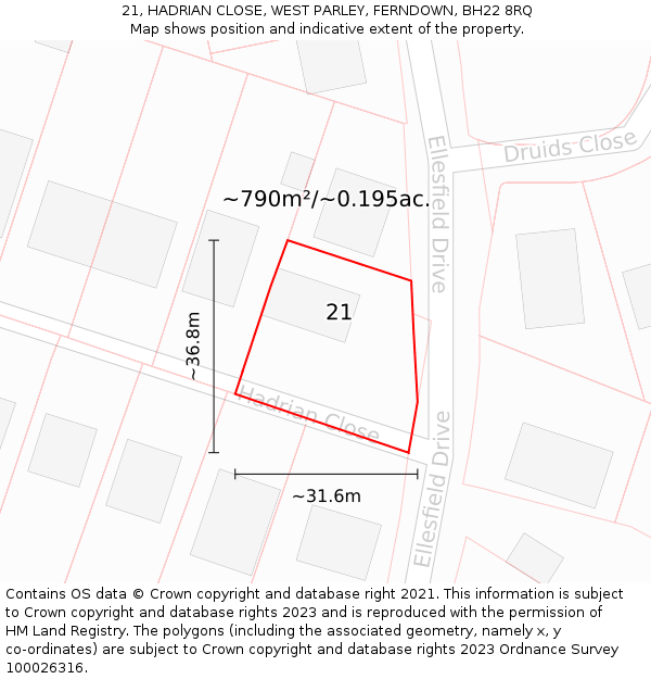 21, HADRIAN CLOSE, WEST PARLEY, FERNDOWN, BH22 8RQ: Plot and title map