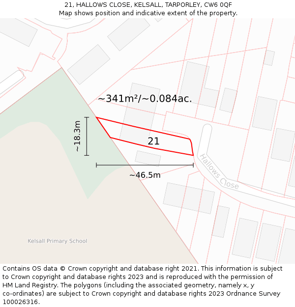 21, HALLOWS CLOSE, KELSALL, TARPORLEY, CW6 0QF: Plot and title map