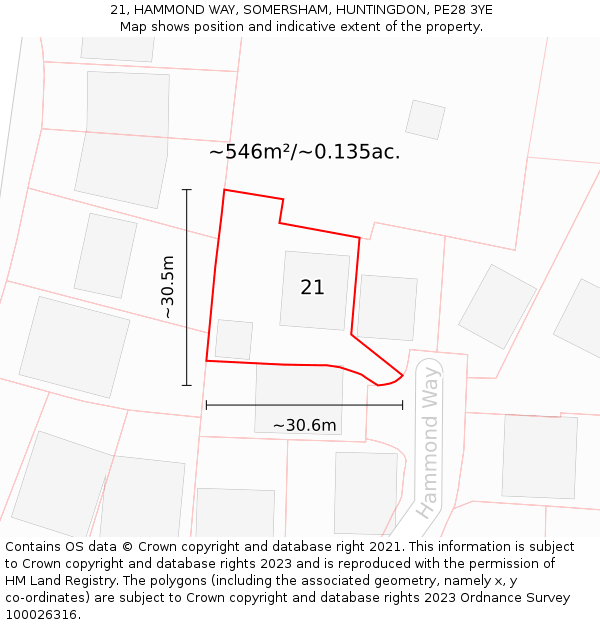 21, HAMMOND WAY, SOMERSHAM, HUNTINGDON, PE28 3YE: Plot and title map