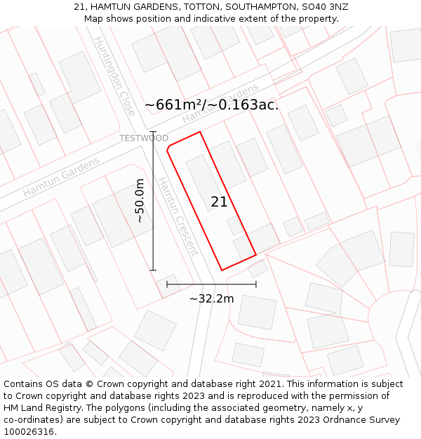 21, HAMTUN GARDENS, TOTTON, SOUTHAMPTON, SO40 3NZ: Plot and title map