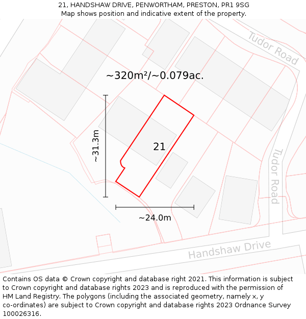 21, HANDSHAW DRIVE, PENWORTHAM, PRESTON, PR1 9SG: Plot and title map