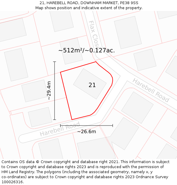 21, HAREBELL ROAD, DOWNHAM MARKET, PE38 9SS: Plot and title map