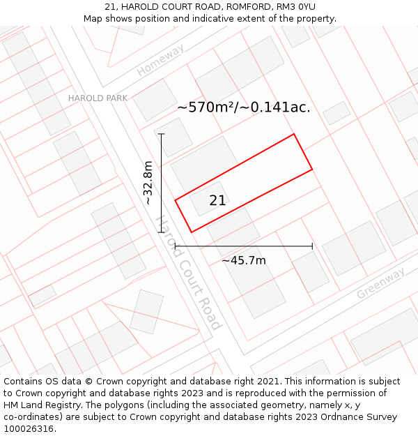 21, HAROLD COURT ROAD, ROMFORD, RM3 0YU: Plot and title map