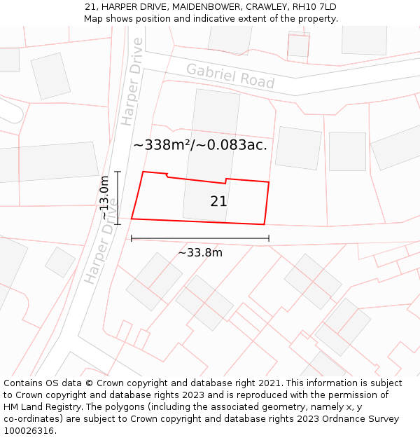 21, HARPER DRIVE, MAIDENBOWER, CRAWLEY, RH10 7LD: Plot and title map