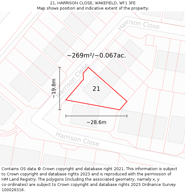 21, HARRISON CLOSE, WAKEFIELD, WF1 3FE: Plot and title map