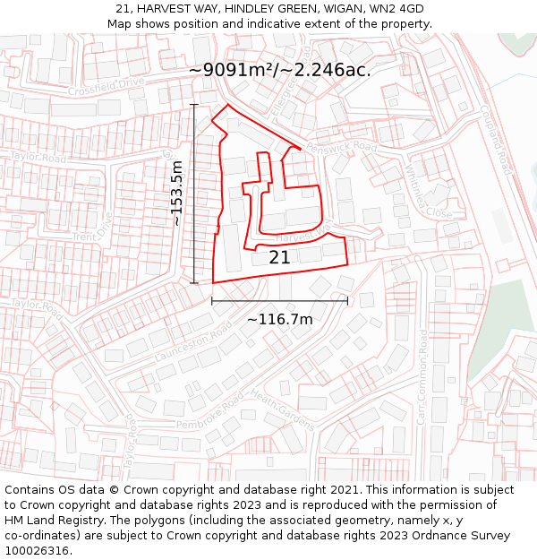 21, HARVEST WAY, HINDLEY GREEN, WIGAN, WN2 4GD: Plot and title map