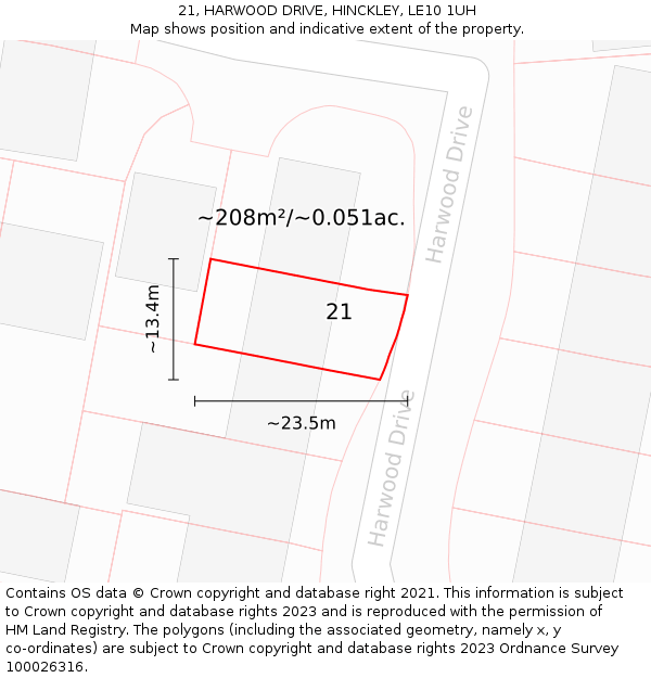 21, HARWOOD DRIVE, HINCKLEY, LE10 1UH: Plot and title map