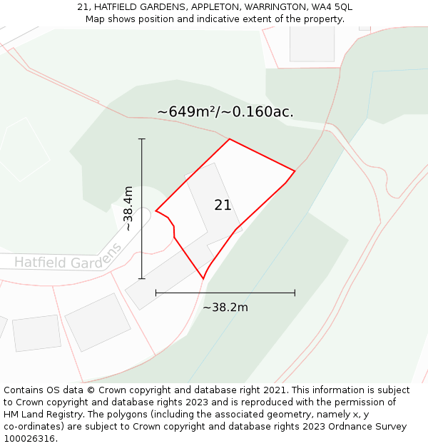 21, HATFIELD GARDENS, APPLETON, WARRINGTON, WA4 5QL: Plot and title map