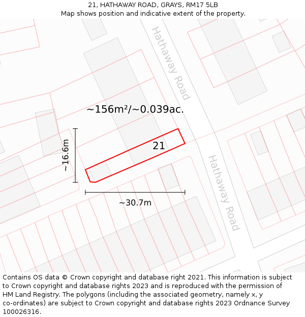 21, HATHAWAY ROAD, GRAYS, RM17 5LB: Plot and title map