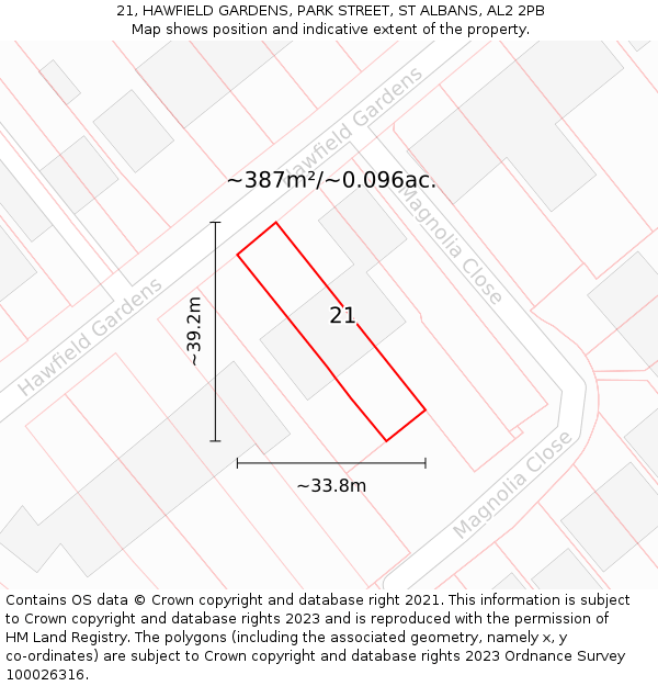 21, HAWFIELD GARDENS, PARK STREET, ST ALBANS, AL2 2PB: Plot and title map