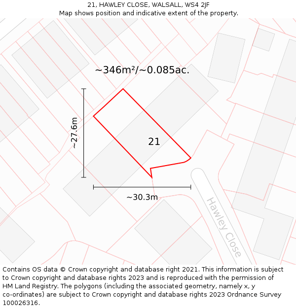 21, HAWLEY CLOSE, WALSALL, WS4 2JF: Plot and title map