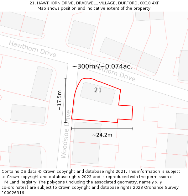 21, HAWTHORN DRIVE, BRADWELL VILLAGE, BURFORD, OX18 4XF: Plot and title map