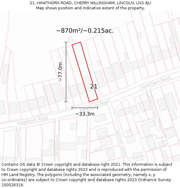 21, HAWTHORN ROAD, CHERRY WILLINGHAM, LINCOLN, LN3 4JU: Plot and title map